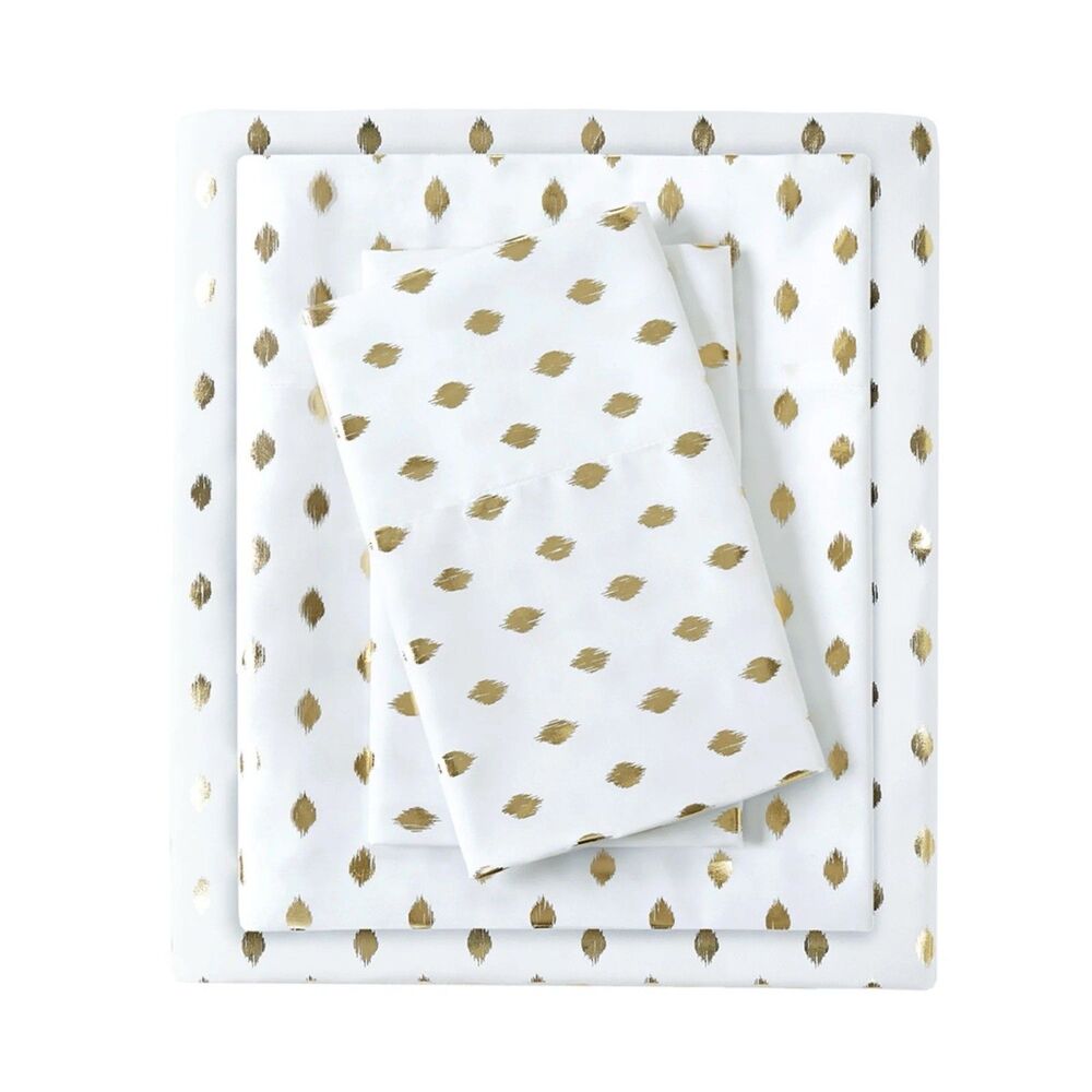 Intelligent Design 4 Pieces Full Sheet Set  White +Gold Washable New